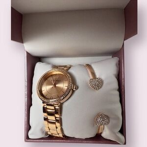 Ellen Tracy Rose Gold Watch and Heart Bangle Bracelet